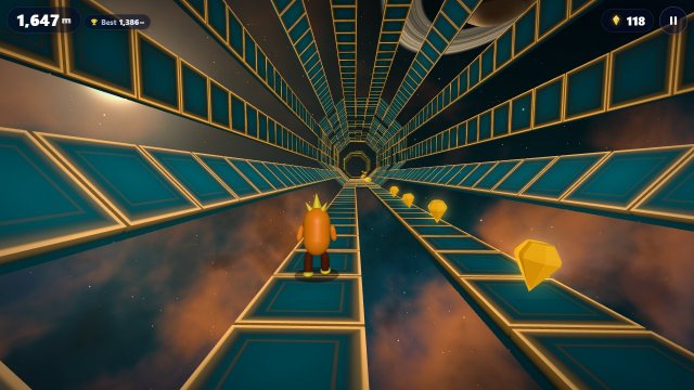 Run 3 Endless mode in an eight-sided tunnel floating in space, with the distance counter