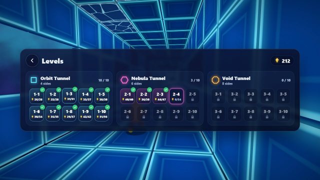Run 3 level select showing levels 1-1 to 3-10 grouped by tunnel, with lock marks and crystal counts