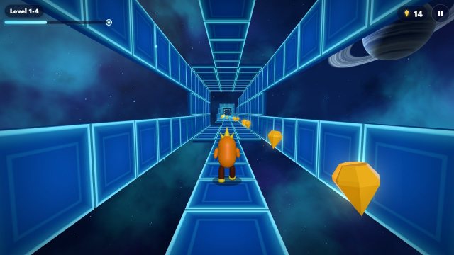 Runner in the four-sided blue and cyan Orbit Tunnel heading toward missing tiles and floating crystals