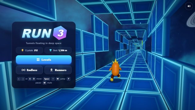 Run 3 start screen with Levels, Endless and Runners buttons, crystal total and best distance